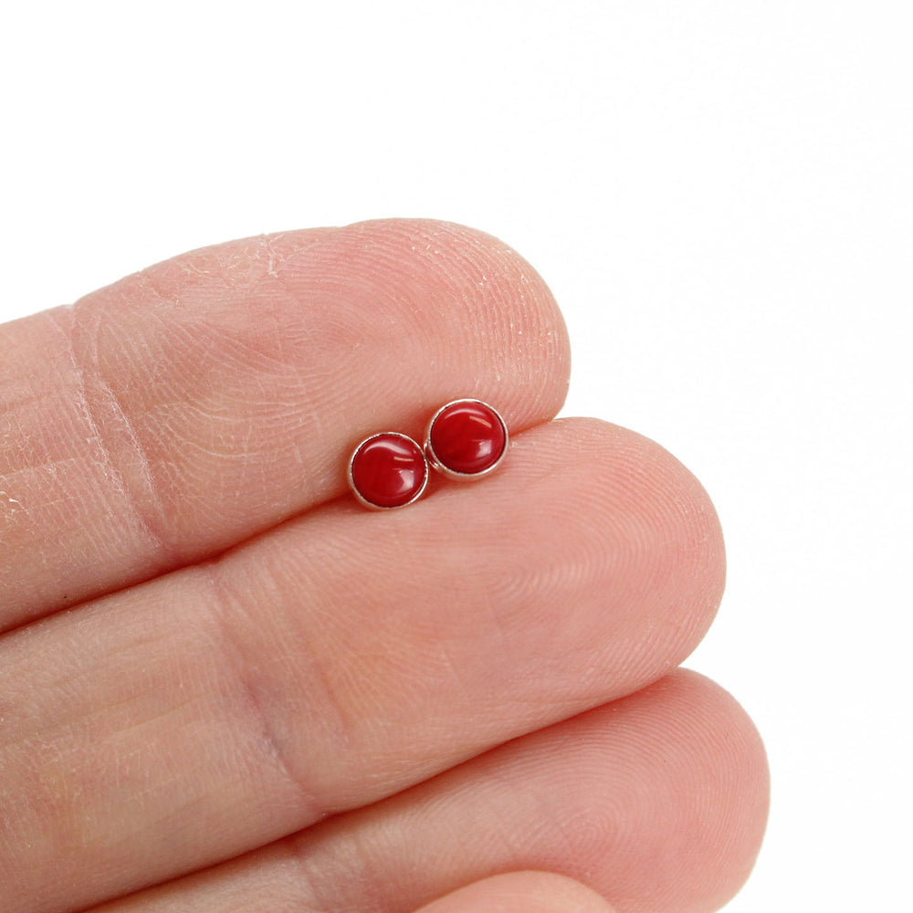 
                      
                        Handmade Small 4mm Red Bamboo Coral Stud Earrings in Sterling Silver or Gold Fill, 
                      
                    
