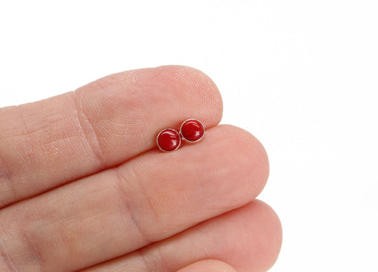 Handmade Small 4mm Red Bamboo Coral Stud Earrings in Sterling Silver or Gold Fill, 