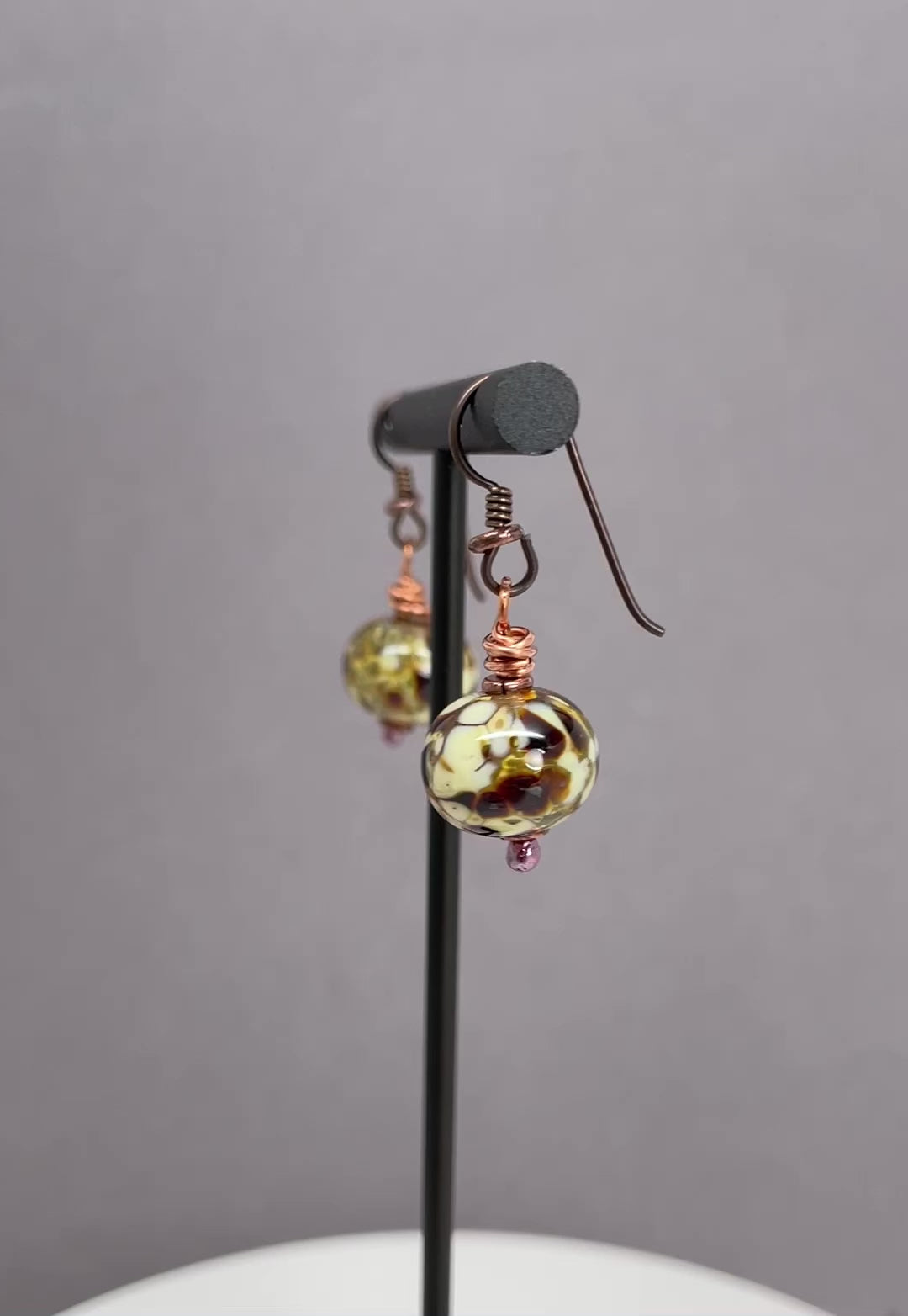 Load and play video in Gallery viewer, Brown Lampwork Bead Dangle Earrings by Kathy Bankston
