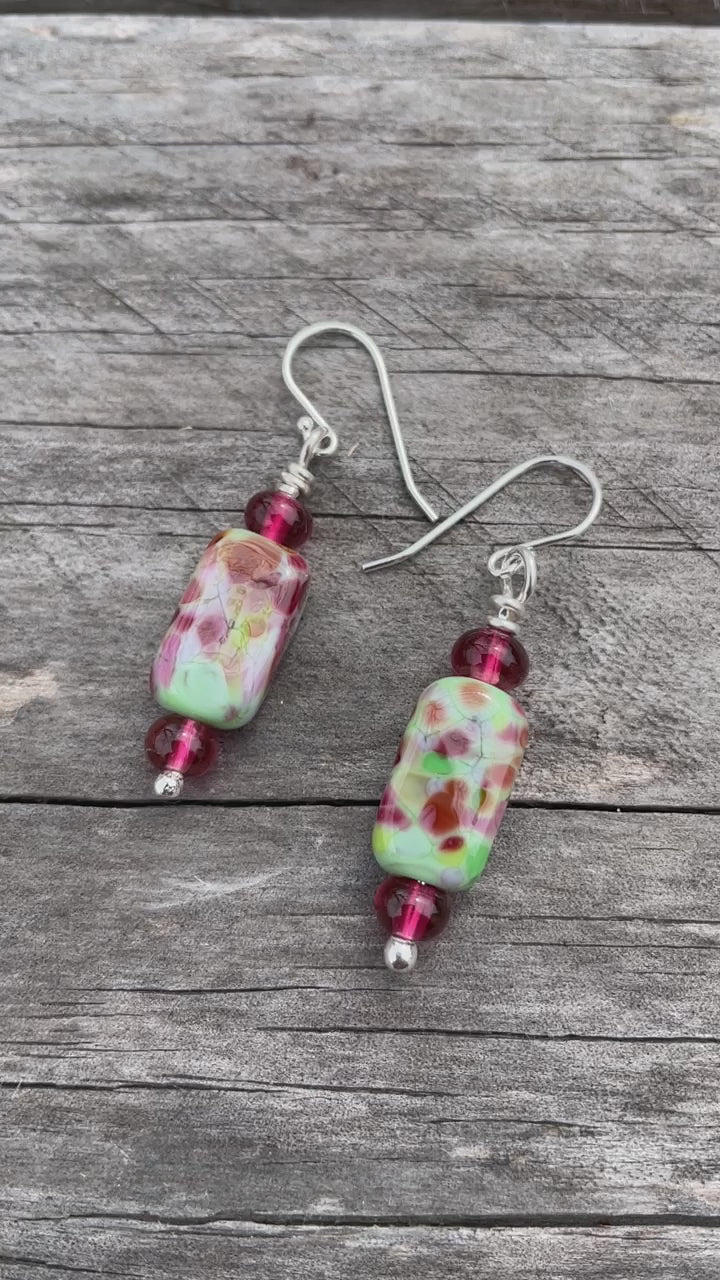 Pink and Green Lampwork Bead Dangle Earrings in Sterling Silver