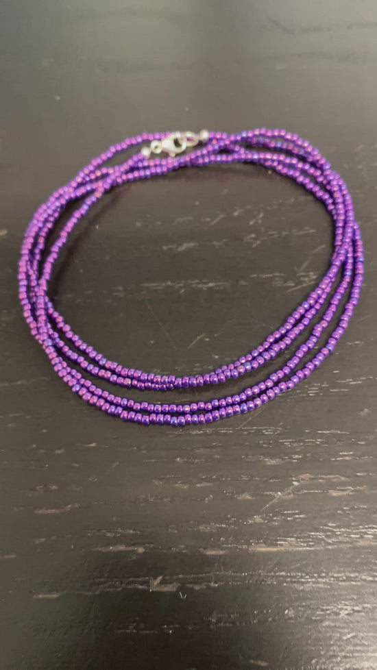 Load and play video in Gallery viewer, Metallic Grape Purple Seed Bead Necklace, Thin 1.5mm Single Strand

