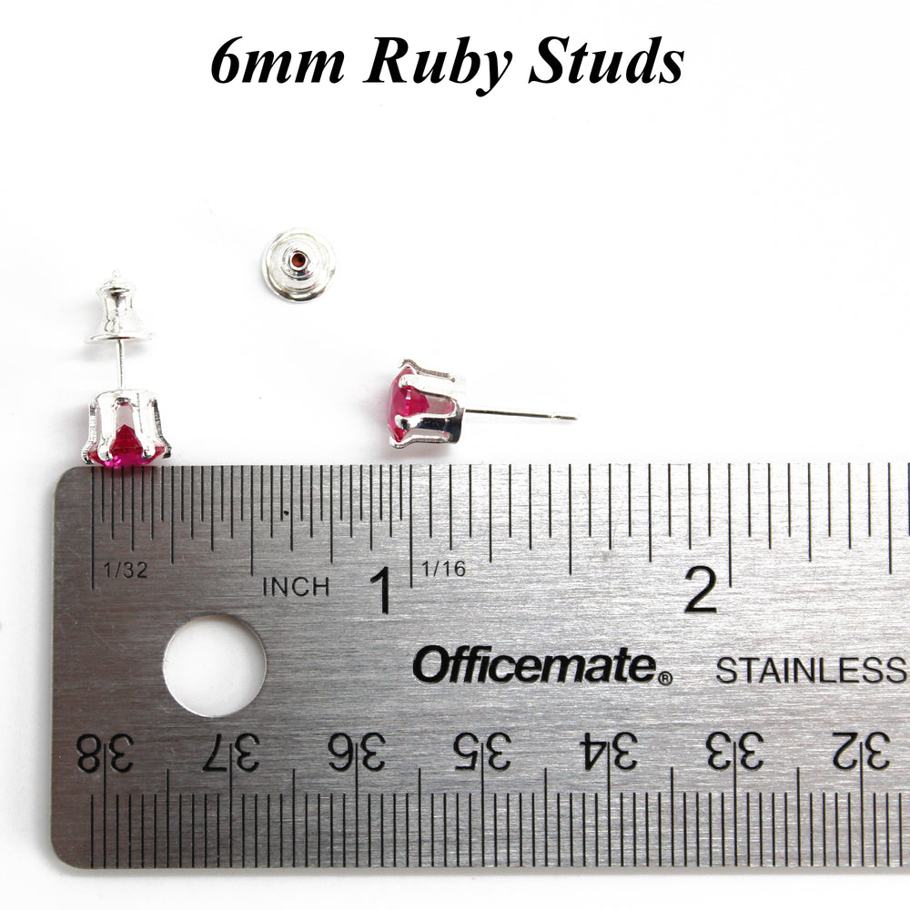 
                      
                        Ruby Gemstone Stud Earrings, 6mm Round Prong Set 925 Sterling Silver
                      
                    