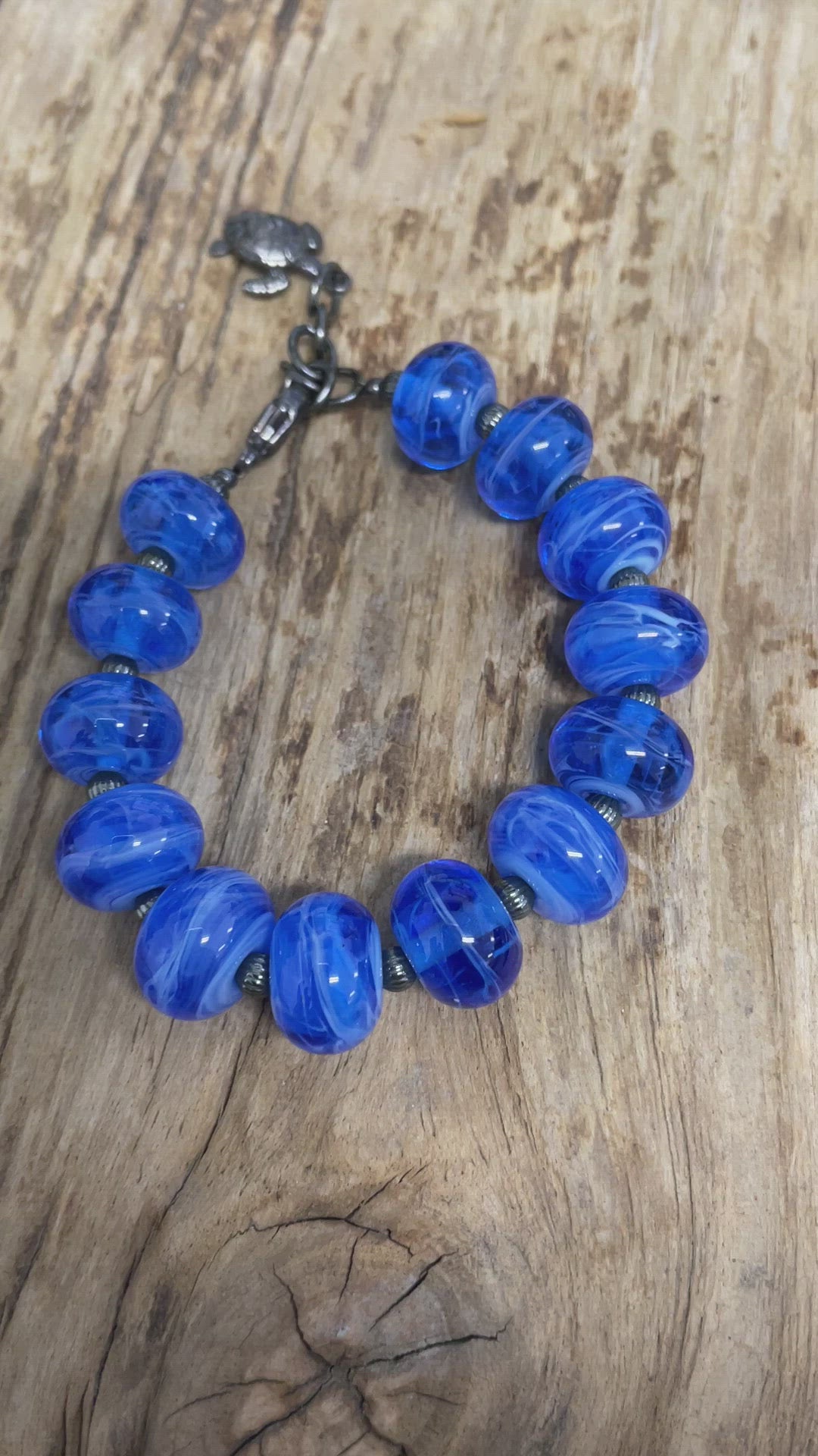 Handmade Blue Lampwork Bead Bracelet with Turtle Charm