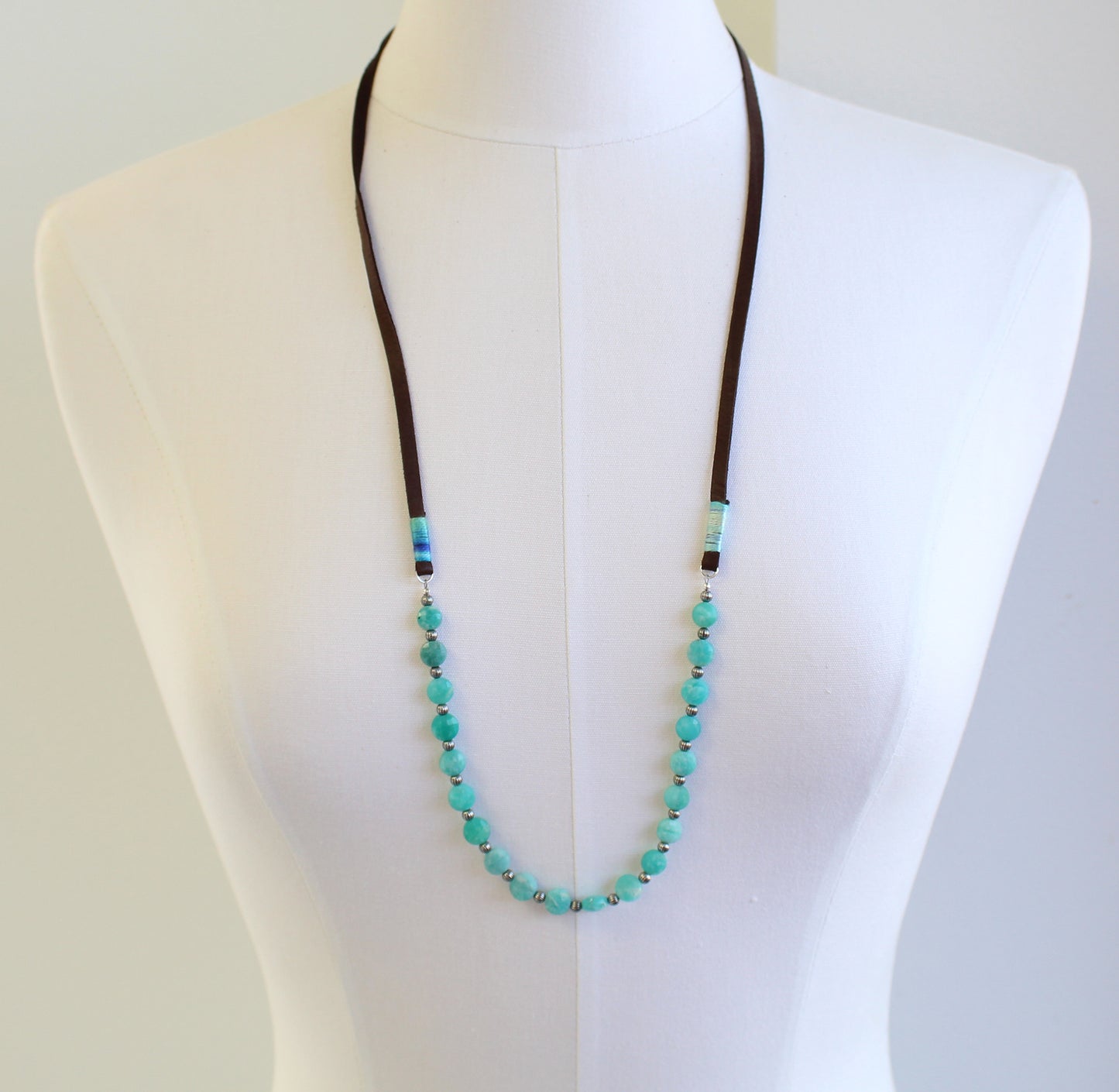 Amazonite and Leather Necklace 34" L