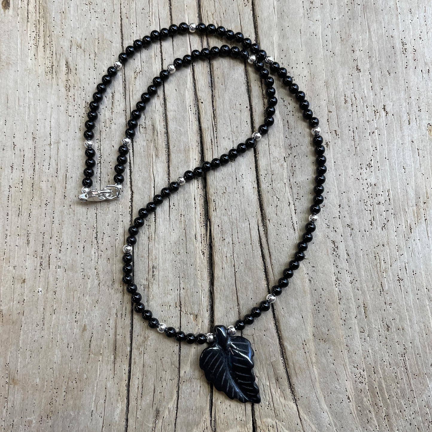 Black Onyx Necklace with Hand Carved Onyx Leaf