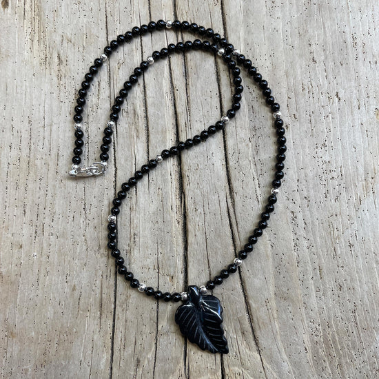 Black Onyx Necklace with Hand Carved Onyx Leaf