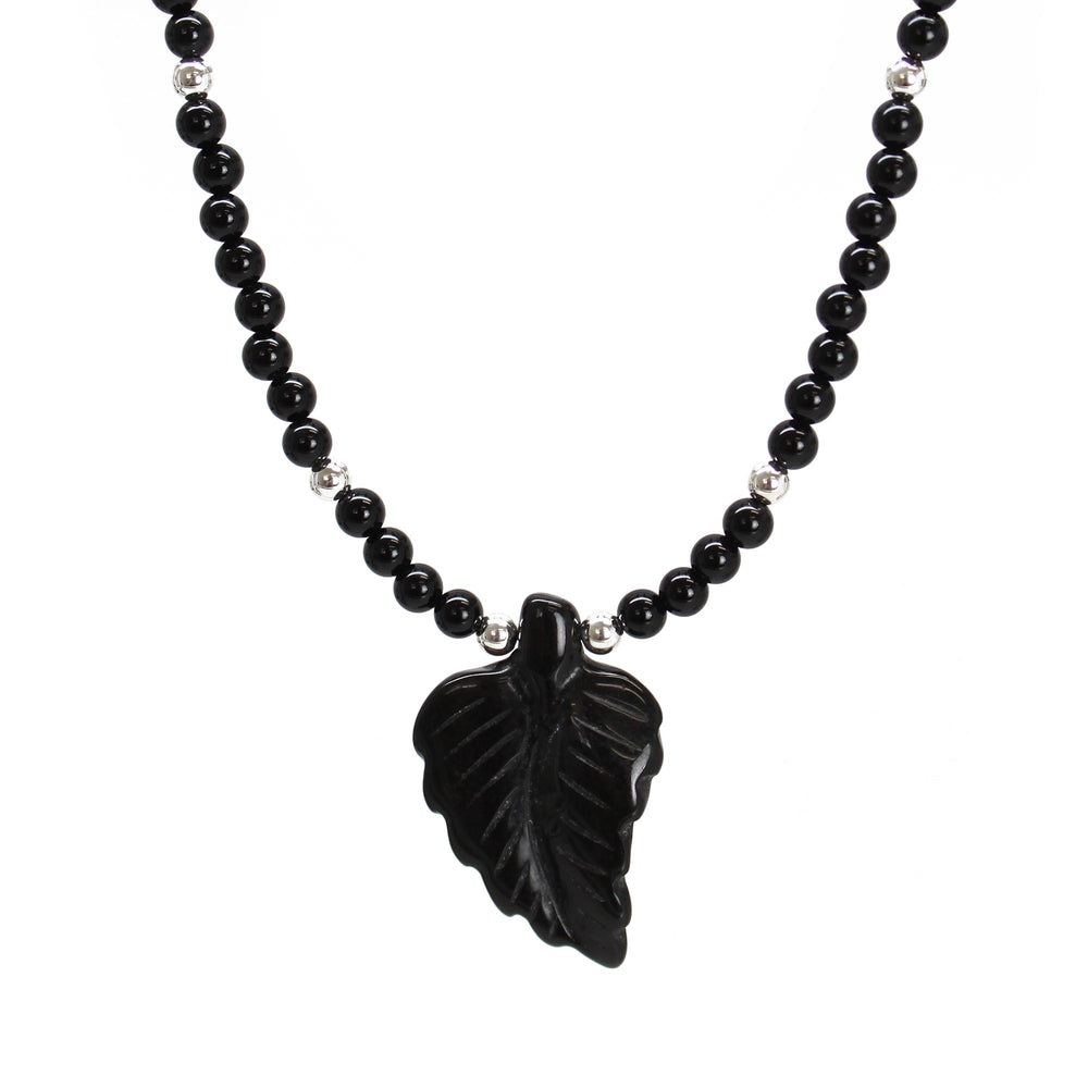 Black Onyx Necklace with Hand Carved Onyx Leaf