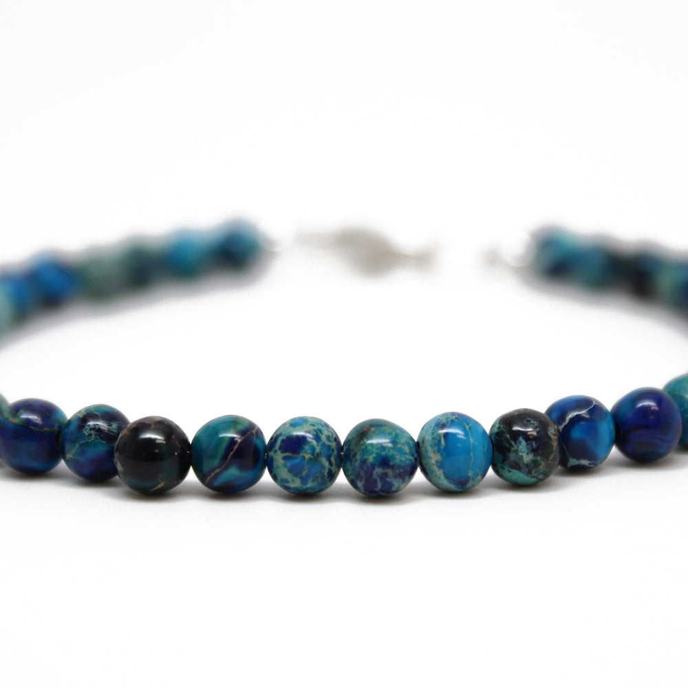 
                      
                        Blue Jasper Bracelet, Small 4mm Multi Color Blue Stone Bracelet with Clasp
                      
                    