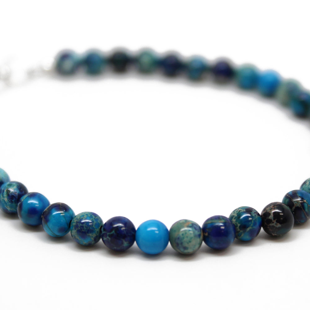 
                      
                        Blue Jasper Bracelet, Small 4mm Multi Color Blue Stone Bracelet with Clasp
                      
                    