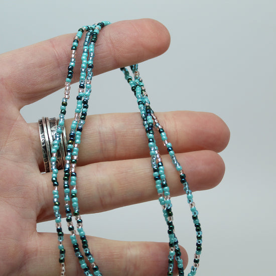 Blue Teal and Silver Seed Bead Necklace