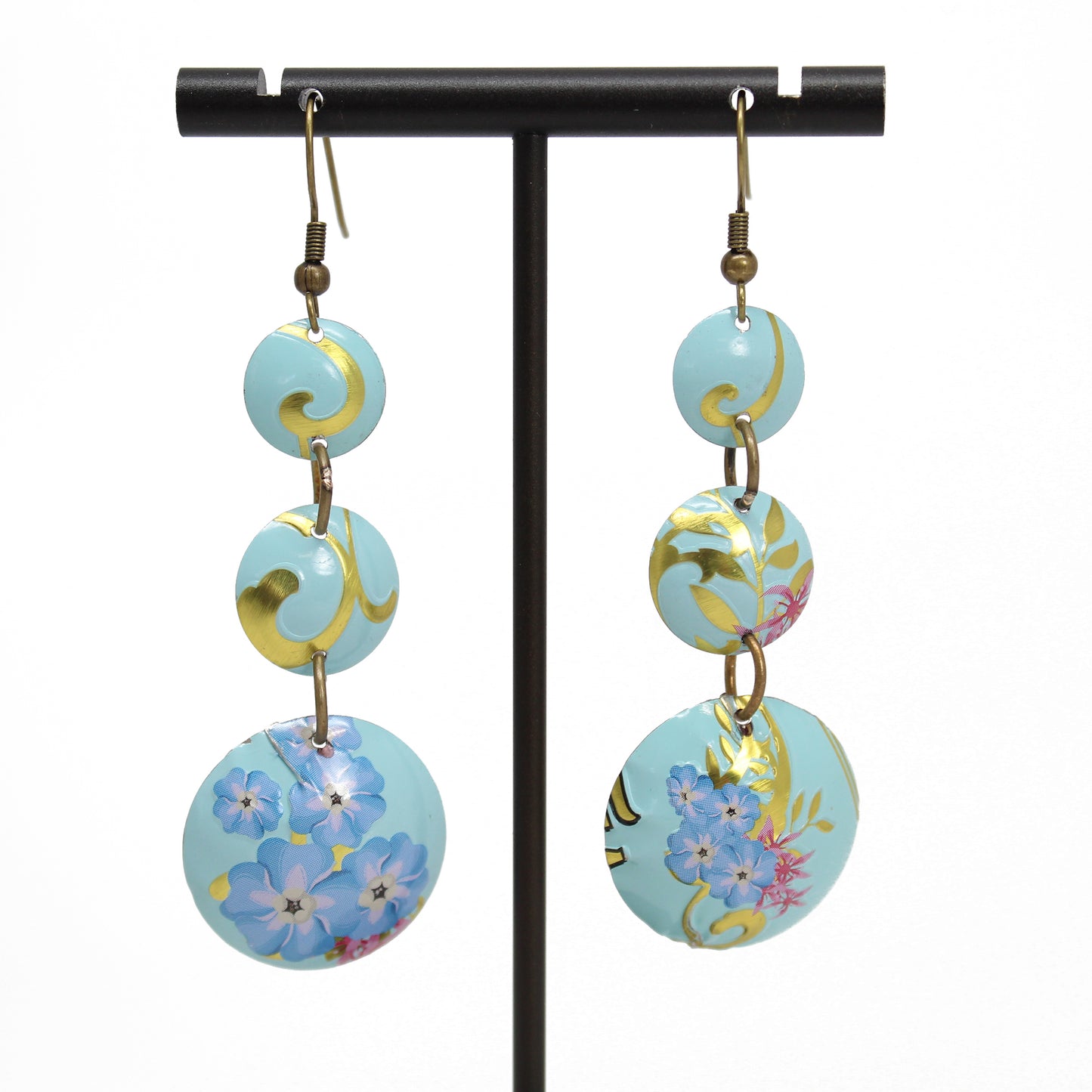 Blue and Gold Recycled Vintage Tin Earrings