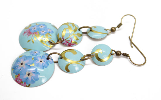 Blue and Gold Recycled Vintage Tin Earrings