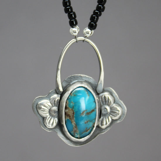 Blue Morenci Turquoise Necklace with Sterling Silver Flowers