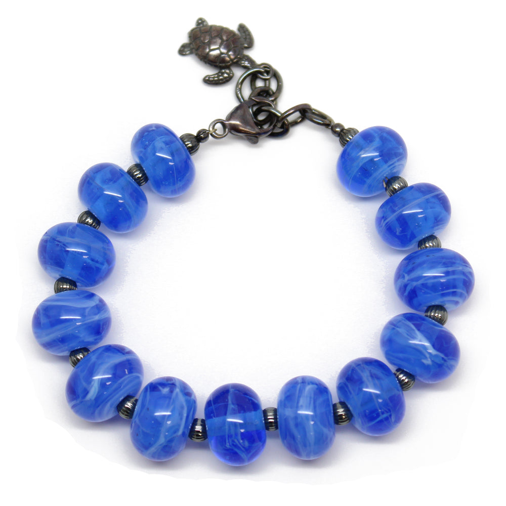 Sea-Inspired Chunky Lampwork Bead Bracelet with Turtle Charm - Ocean Lover's Beach Jewelry Gift