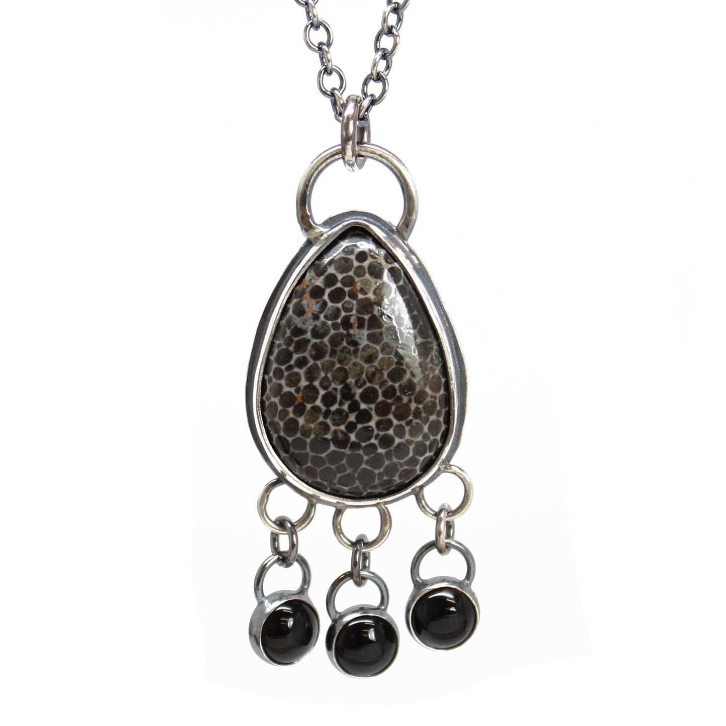 Fossil Coral Necklace with Black Onyx Dangles in Ste