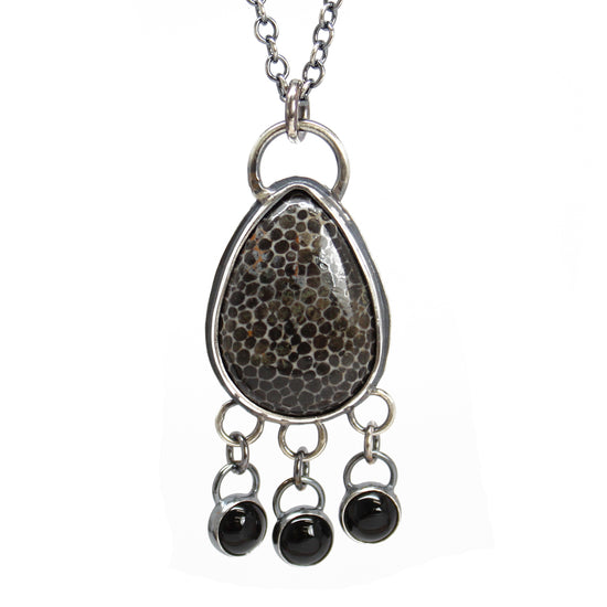 Fossil Coral Necklace with Black Onyx Dangles in Ste