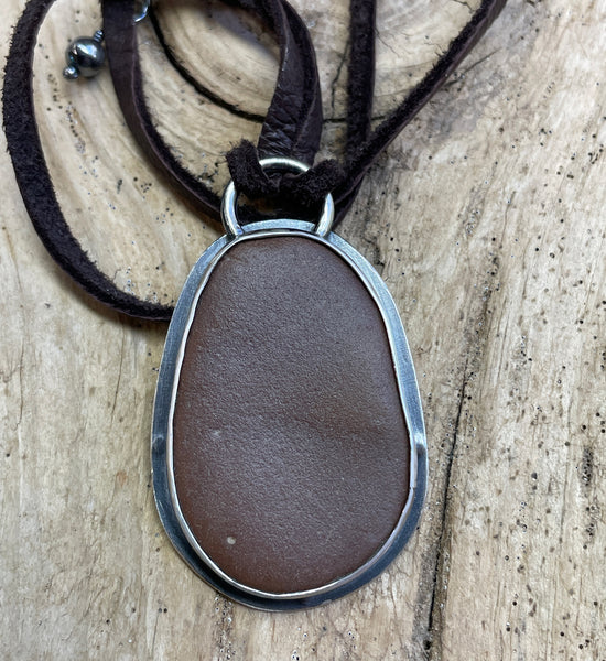 Handcrafted Brown Beach Stone Pendant in Sterling Silver with Deer Skin Lace