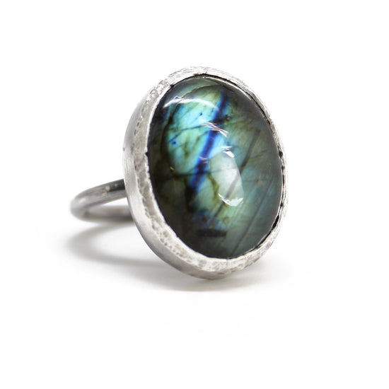 Labradorite Ring in Unique Stippled 925 Sterling Silver Setting, Size 8 US