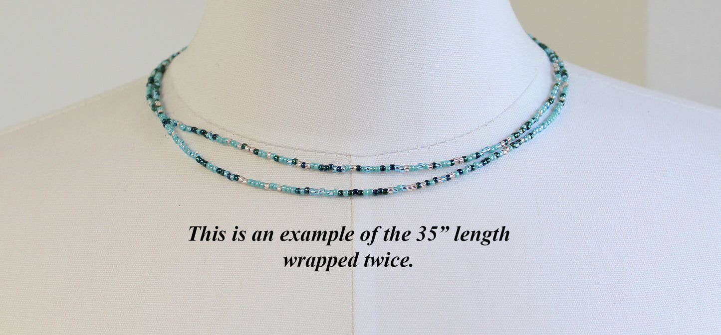 Blue Teal and Silver Seed Bead Necklace