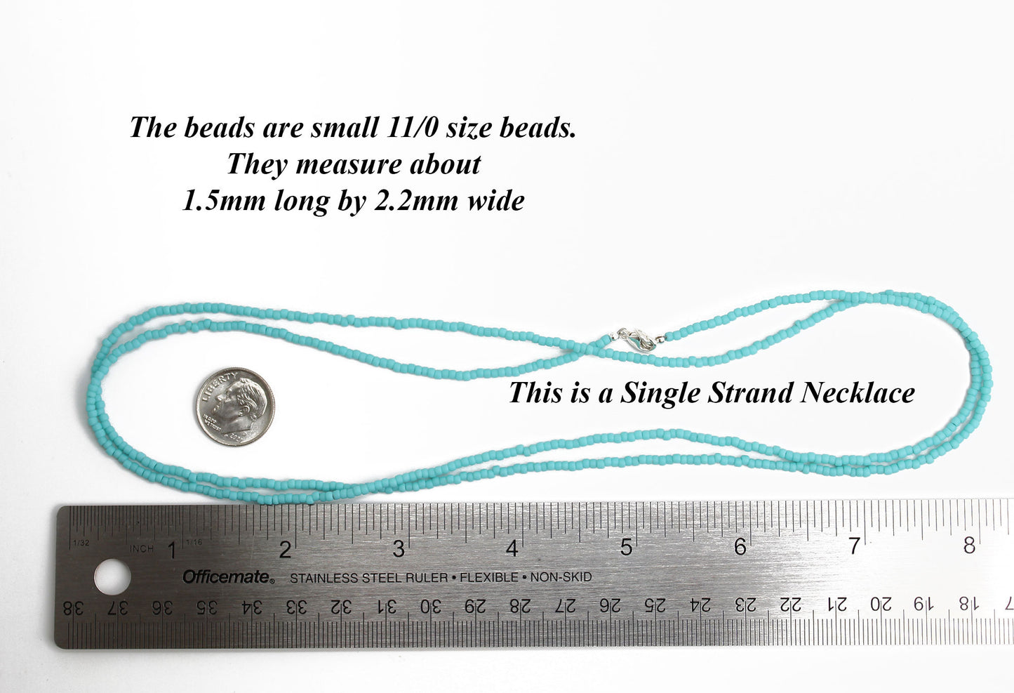 Turquoise Seed Bead Necklace Matte Finish, Thin 1.5mm Single Strand