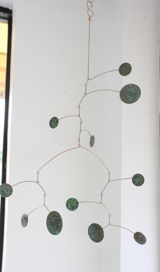 Handmade Copper Hanging Mobile 35" , Recycled Copper, Double Armature, Green Verdigris Patina