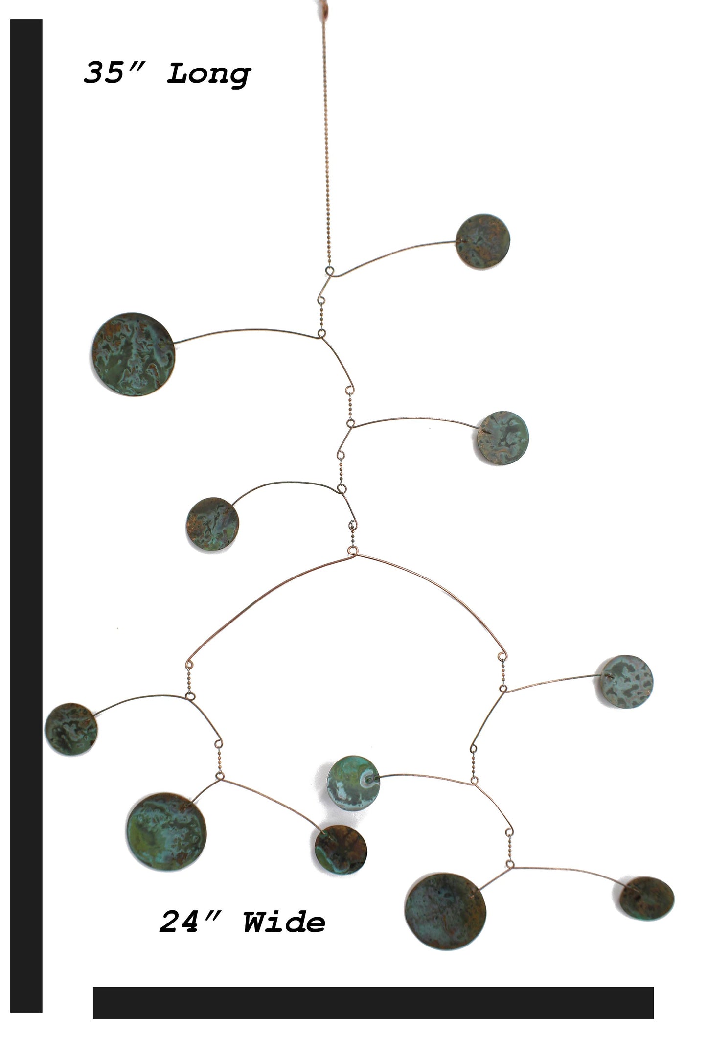 dimensions Handmade Copper Hanging Mobile 35" , Recycled Copper, Double Armature, Green Verdigris Patina
