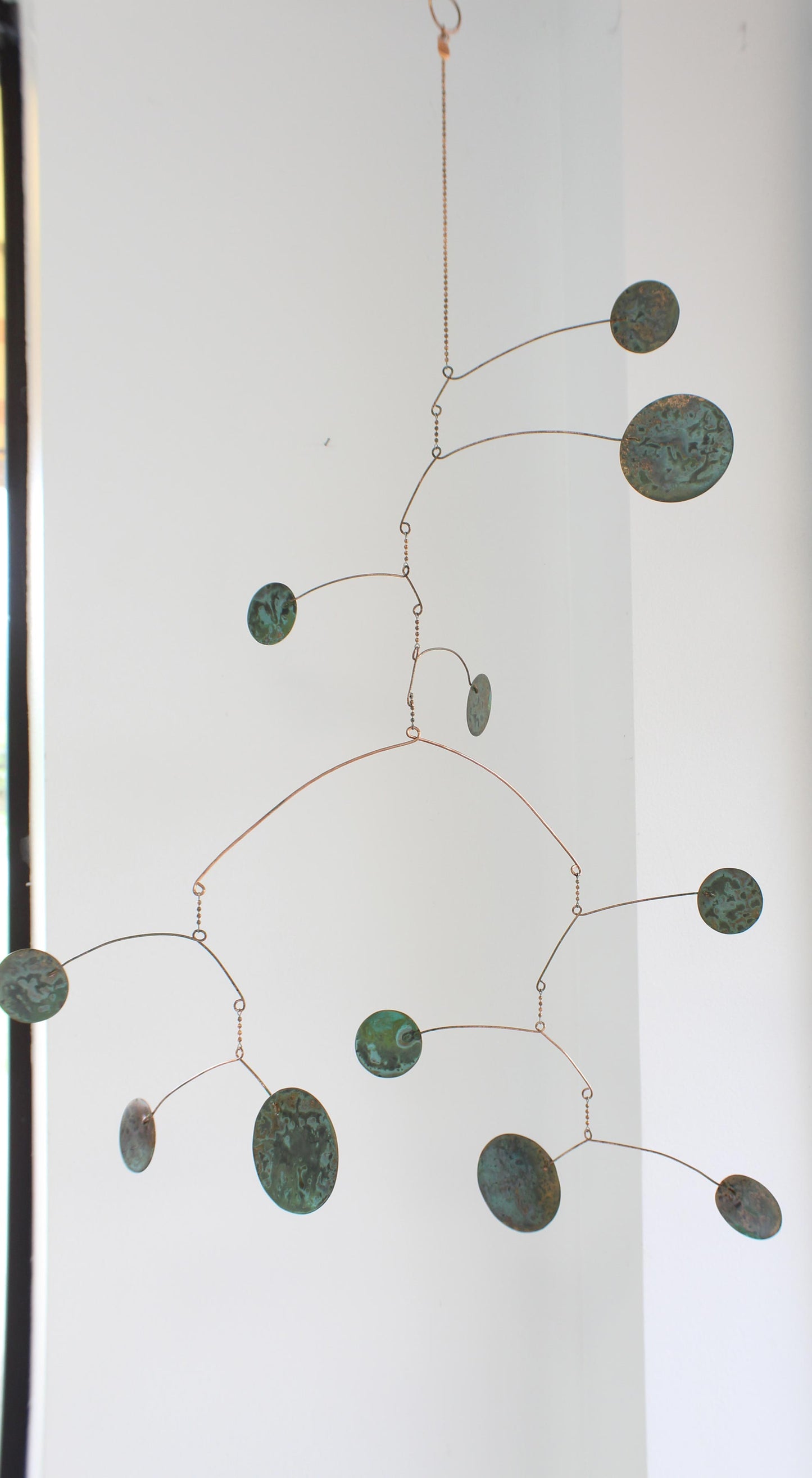 Load image into Gallery viewer, Handmade Copper Hanging Mobile 35&amp;quot; , Recycled Copper, Double Armature, Green Verdigris Patina
