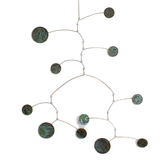 Handmade Copper Hanging Mobile 35" , Recycled Copper, Double Armature, Green Verdigris Patina