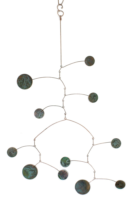 Load image into Gallery viewer, Handmade Copper Hanging Mobile 35&amp;quot; , Recycled Copper, Double Armature, Green Verdigris Patina
