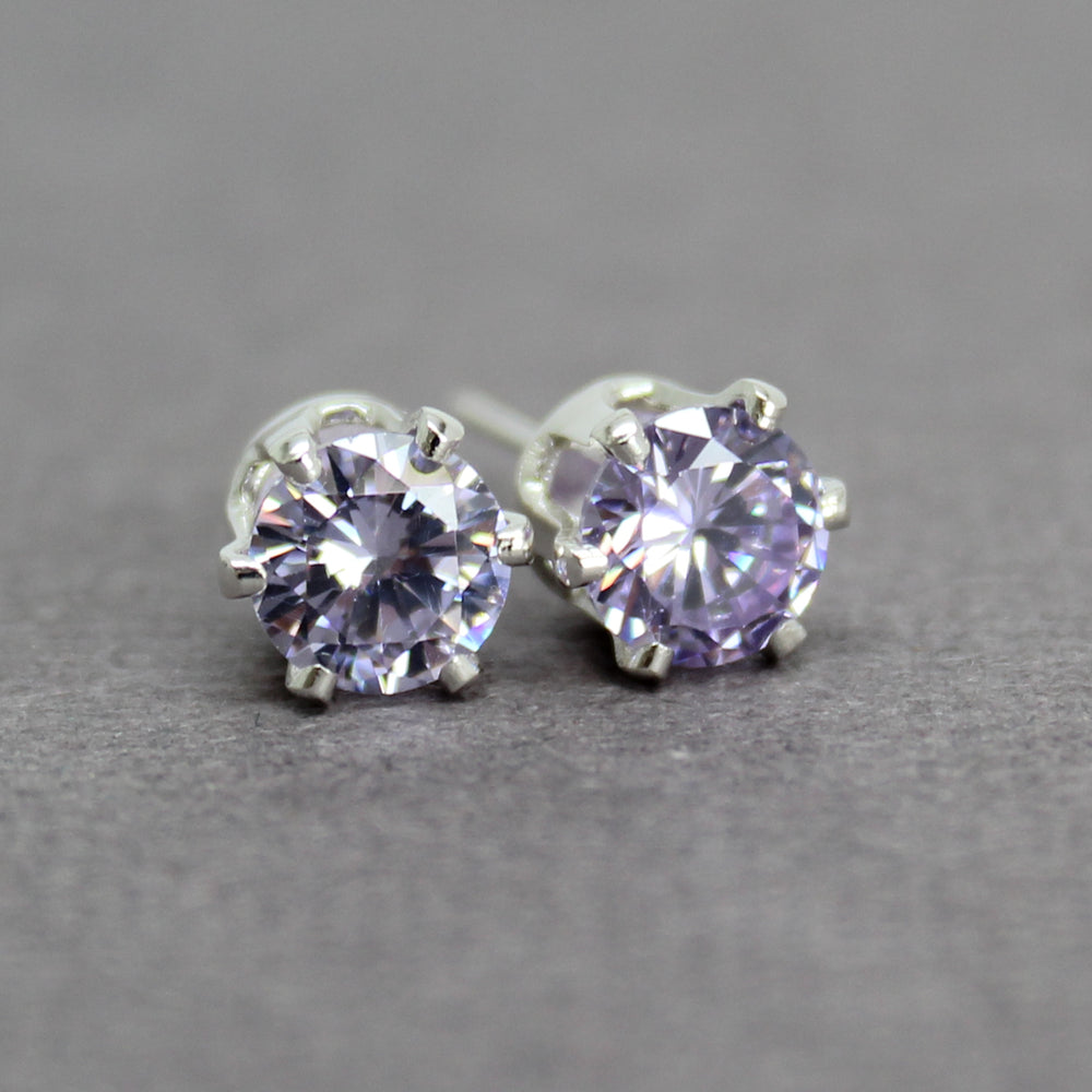
                      
                        Lavender CZ Stud Earrings, 6mm Round Prong Set 925 Sterling Silver Pale Purple Studs
                      
                    