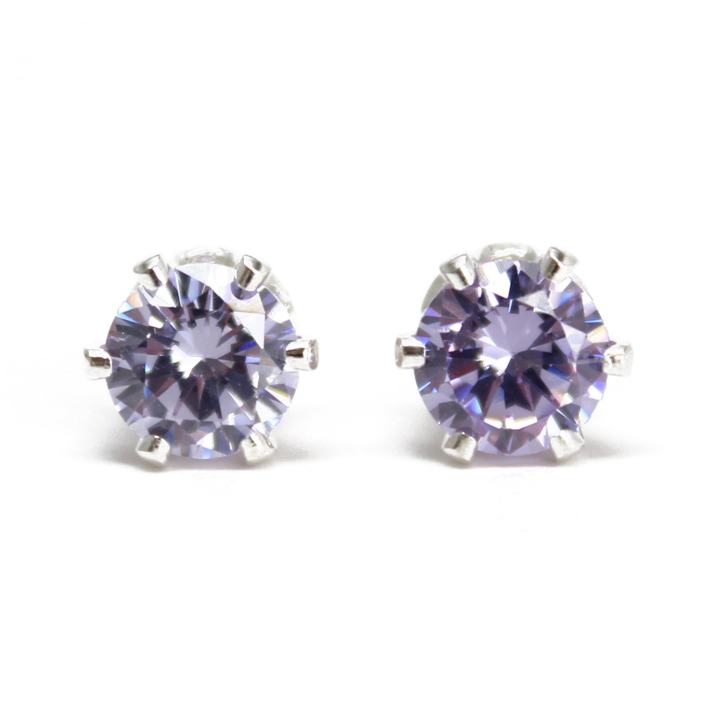 Lavender CZ Stud Earrings, 6mm Round Prong Set 925 Sterling Silver Pale Purple Studs