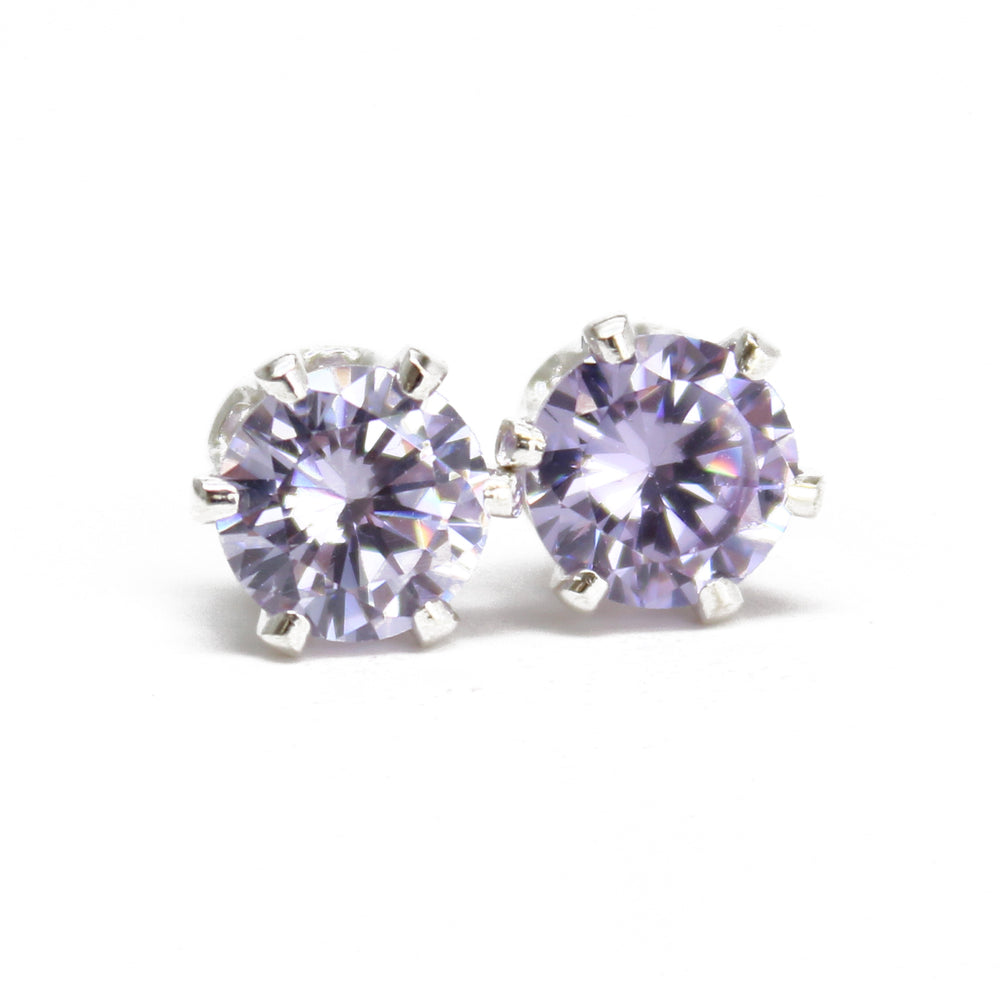 
                      
                        Lavender CZ Stud Earrings, 6mm Round Prong Set 925 Sterling Silver Pale Purple Studs
                      
                    