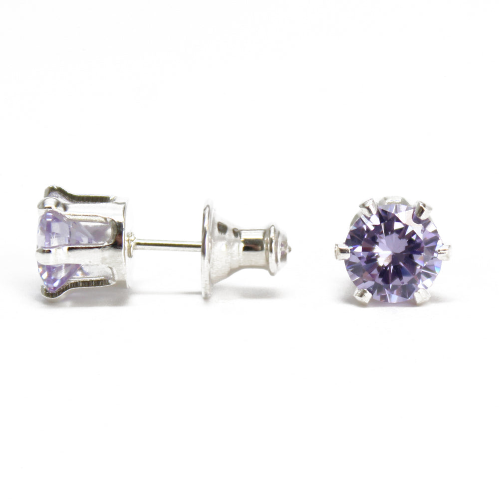 
                      
                        Lavender CZ Stud Earrings, 6mm Round Prong Set 925 Sterling Silver Pale Purple Studs
                      
                    