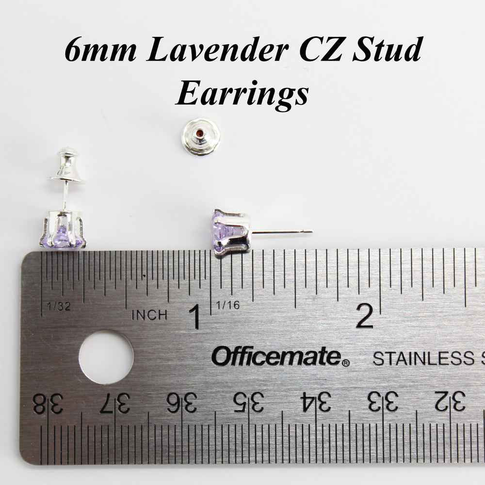 
                      
                        Lavender CZ Stud Earrings, 6mm Round Prong Set 925 Sterling Silver Pale Purple Studs
                      
                    
