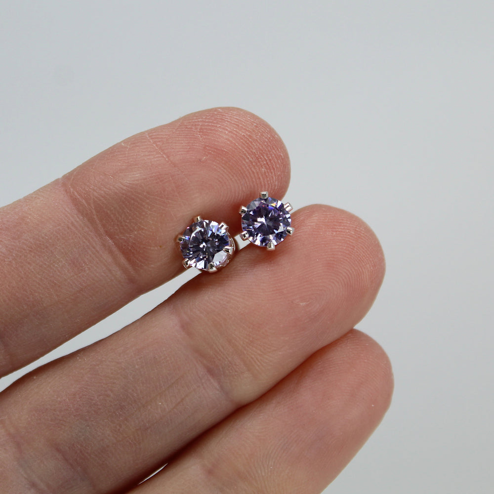 
                      
                        Lavender CZ Stud Earrings, 6mm Round Prong Set 925 Sterling Silver Pale Purple Studs
                      
                    