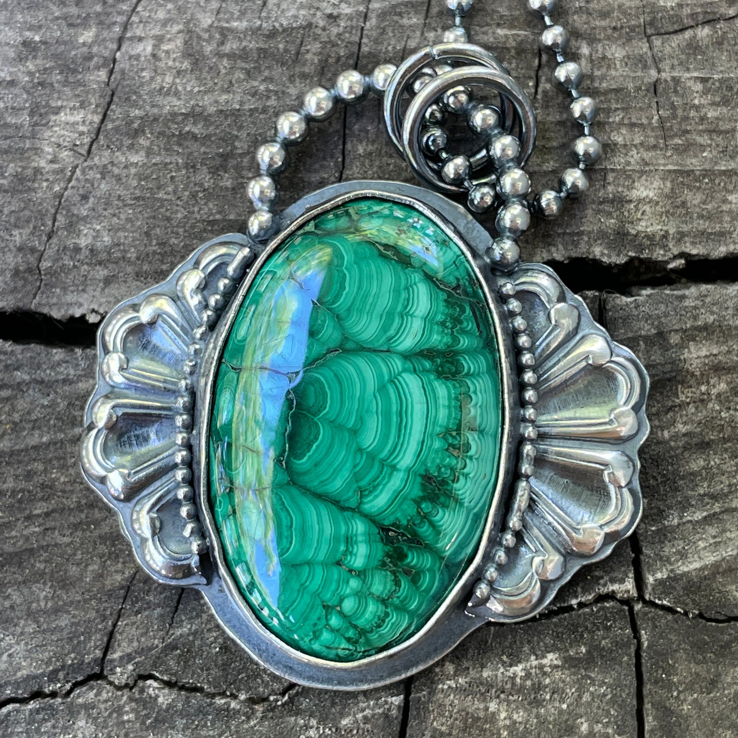Handmade Green Malachite Pendant Necklace in Sterling Silver