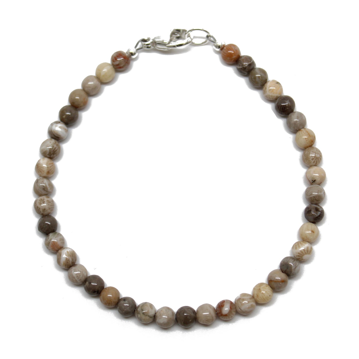 Petoskey Fossil Coral Bracelet, Small 4mm Brown Stone Bead Bracelet
