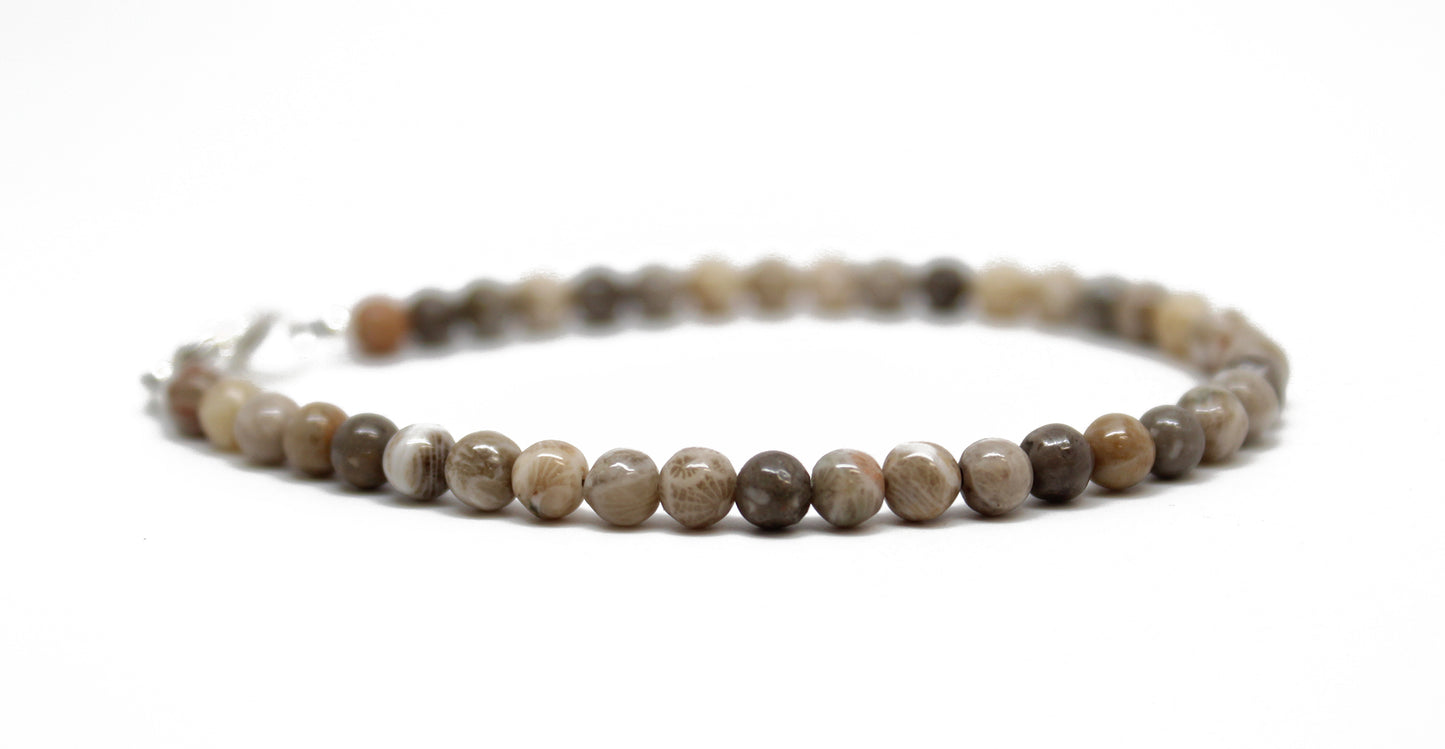 Petoskey Fossil Coral Bracelet, Small 4mm Brown Stone Bead Bracelet