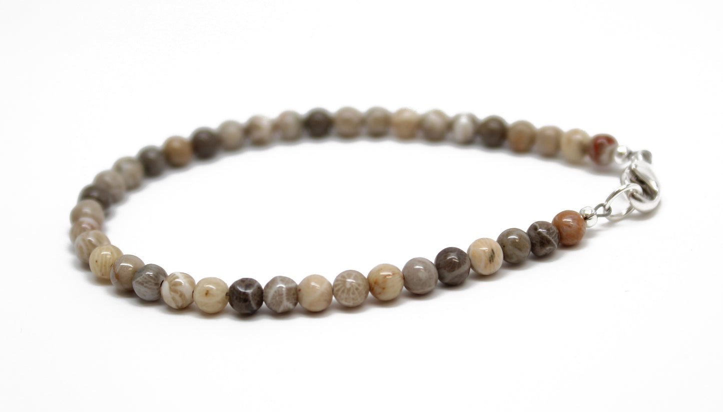 Petoskey Fossil Coral Bracelet, Small 4mm Brown Stone Bead Bracelet