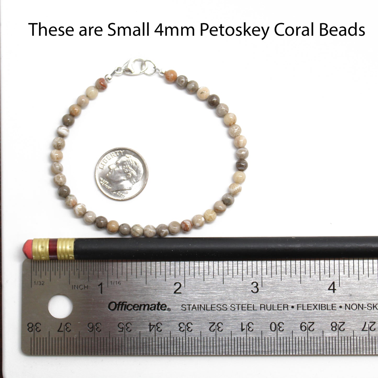 Petoskey Fossil Coral Bracelet, Small 4mm Brown Stone Bead Bracelet