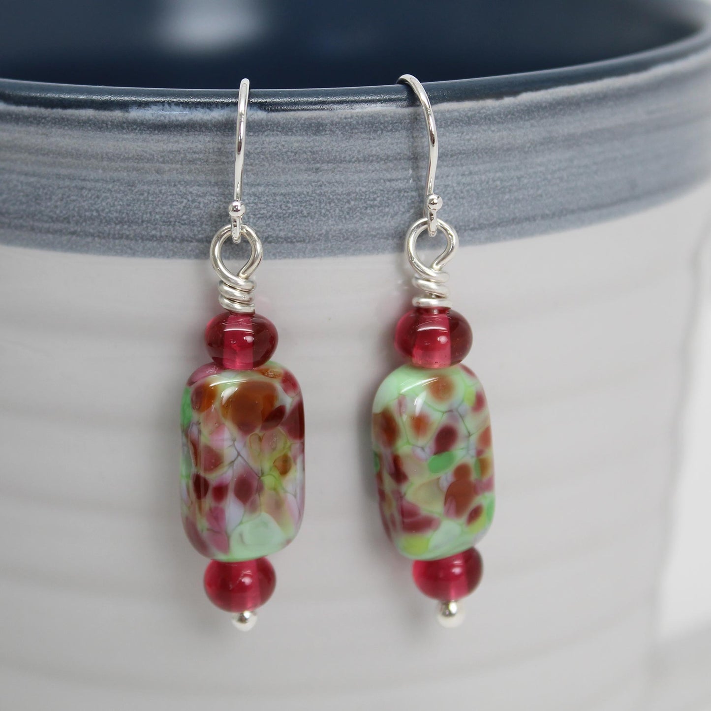 Load image into Gallery viewer, Pink and Green Lampwork Bead Dangle Earrings in Sterling Silver
