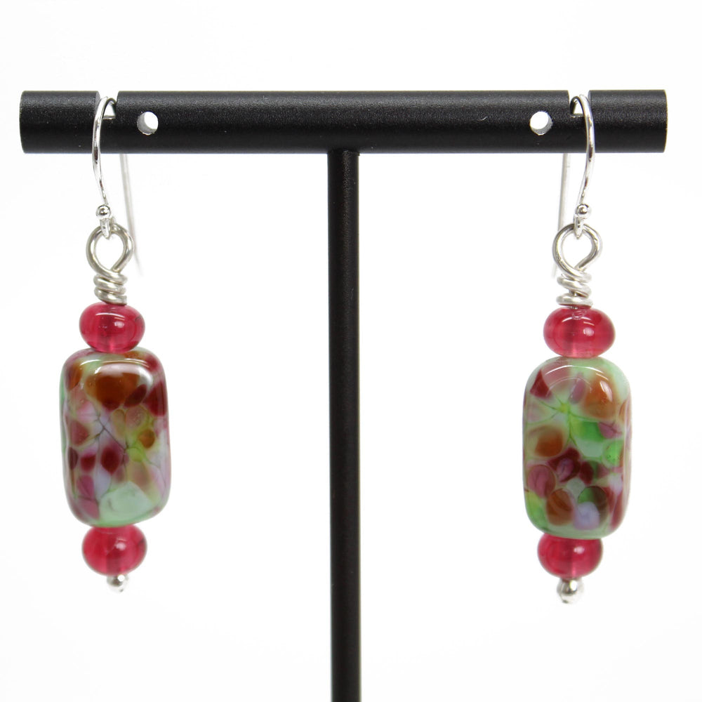 
                      
                        Pink and Green Lampwork Bead Dangle Earrings in Sterling Silver
                      
                    
