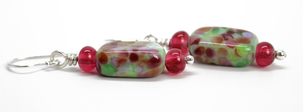 
                      
                        Pink and Green Lampwork Bead Dangle Earrings in Sterling Silver
                      
                    