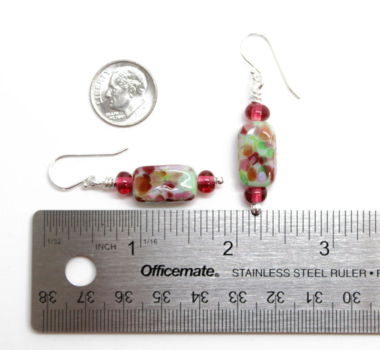 Load image into Gallery viewer, Pink and Green Lampwork Bead Dangle Earrings in Sterling Silver
