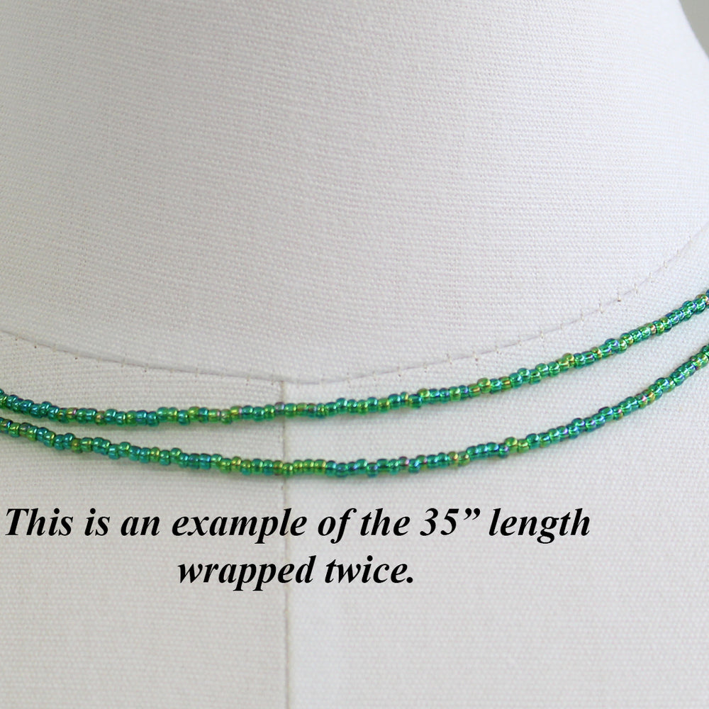 
                      
                        Transparent Rainbow Emerald Green Seed Bead Necklace, Thin 1.5mm Single Strand
                      
                    