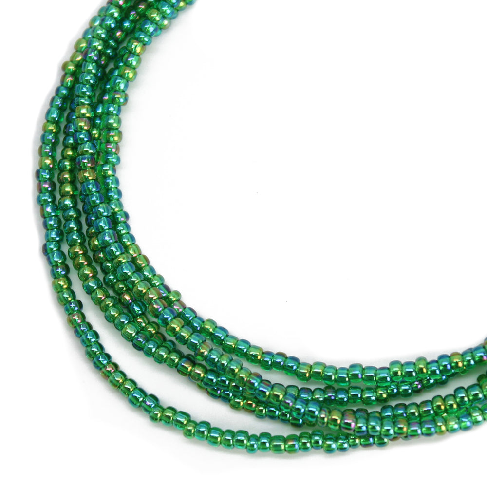 Transparent Rainbow Emerald Green Seed Bead Necklace, Thin 1.5mm Single Strand