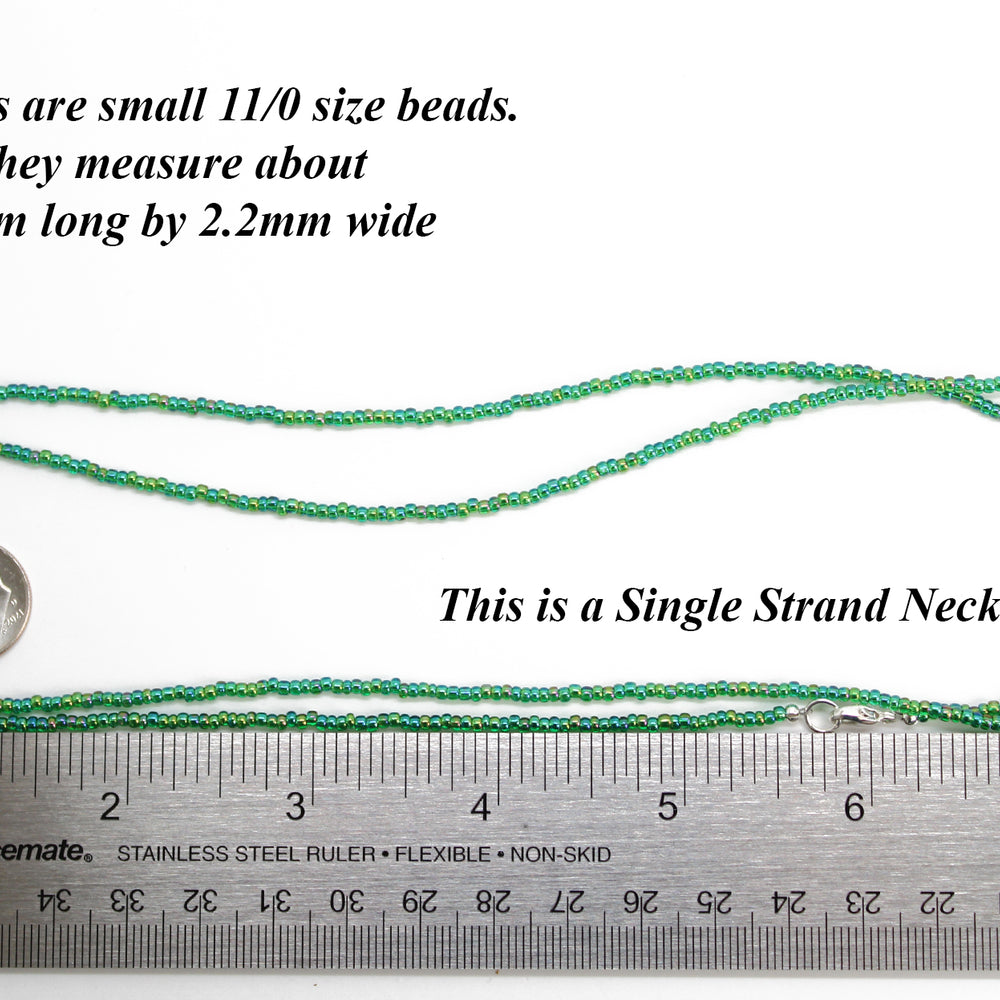 
                      
                        Transparent Rainbow Emerald Green Seed Bead Necklace, Thin 1.5mm Single Strand
                      
                    
