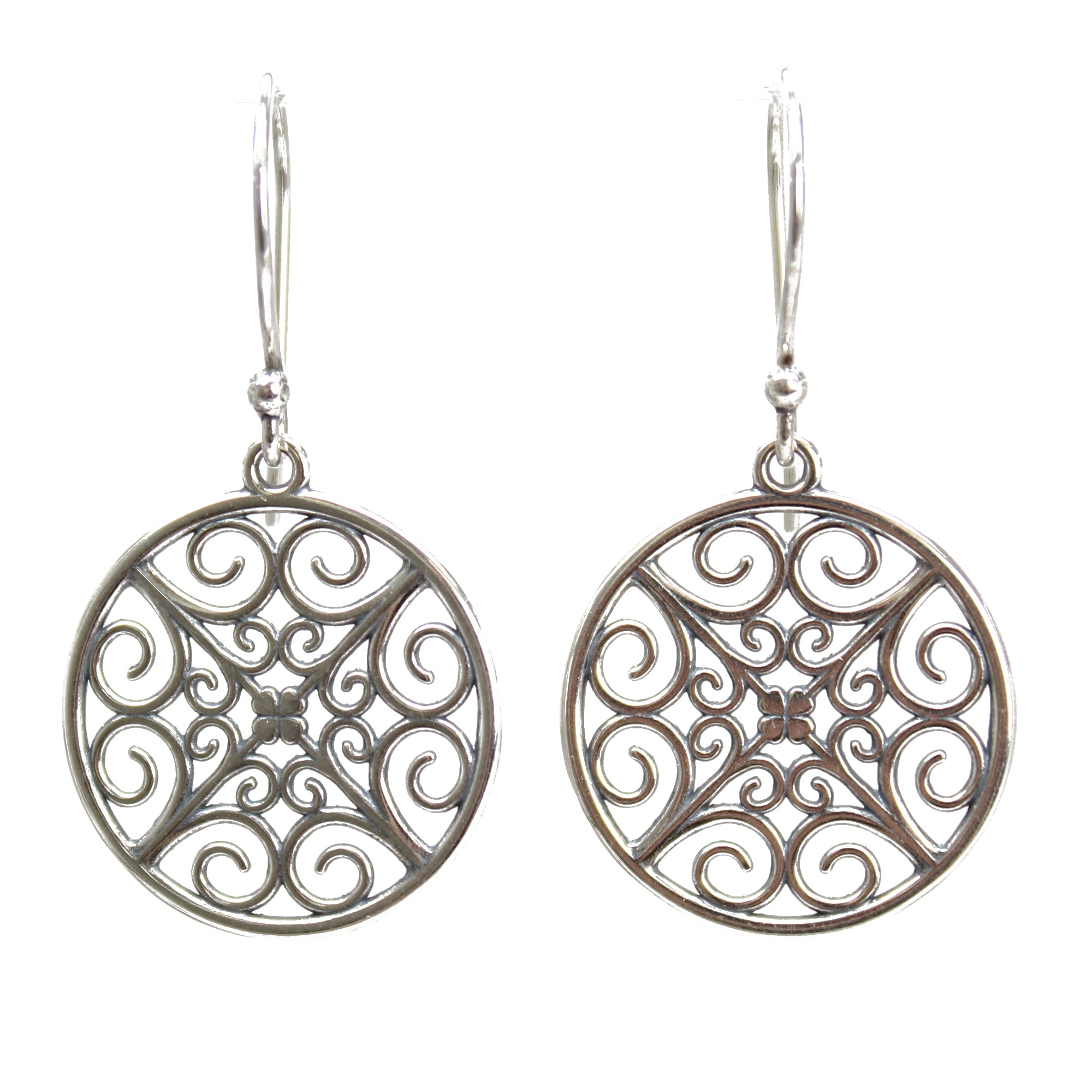 Handmade offers .925 Sterling Silver Small Circle Scroll Filigree Drop Earrings