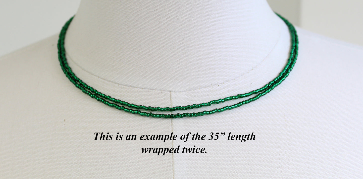 Emerald Green Seed Bead Necklace, Thin 1.5mm Single Strand