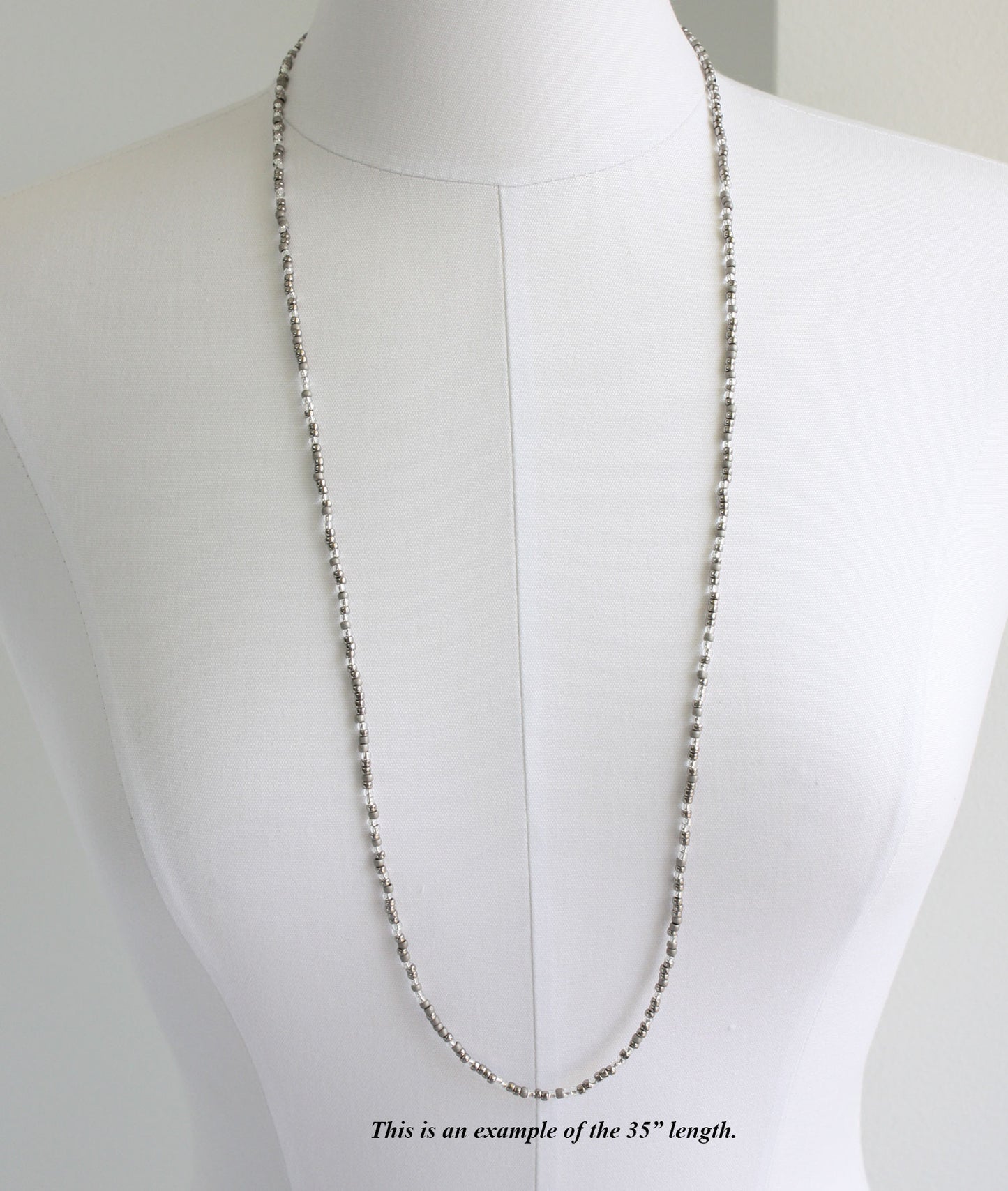 LOng Silver and Grey Seed Bead Necklace